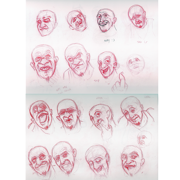 Life drawings of a man making various facial expressions.