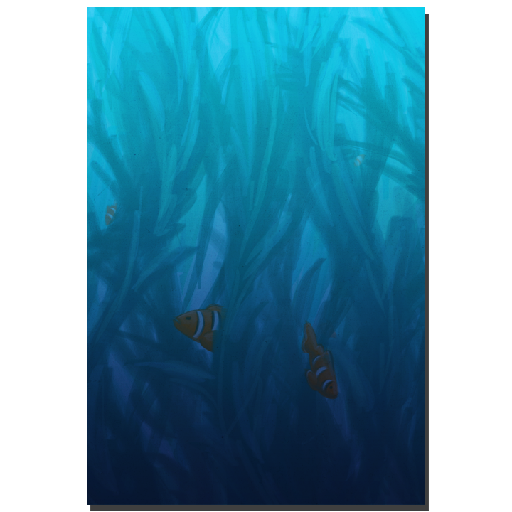 A digital painting of fish in a kelp forest.
