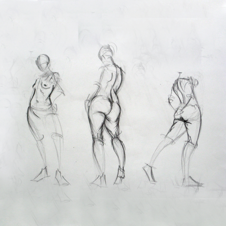 Life drawings of a woman in three poses.