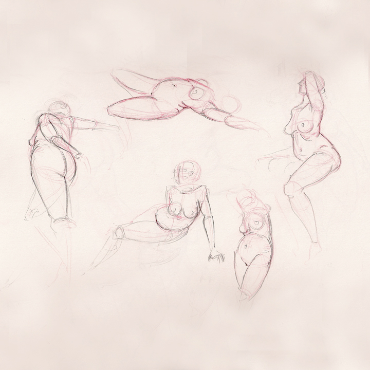 Life drawings of a woman in different poses.