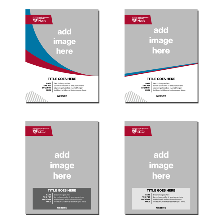 Poster templates created using Canva for the Dance, Music, and Theatre Arts departments at LMU.